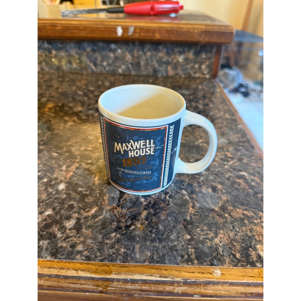 Maxwell House Coffee Mug Vintage 1892 Slow Roasted Ceramic Cup Blue‎ White 10oz
